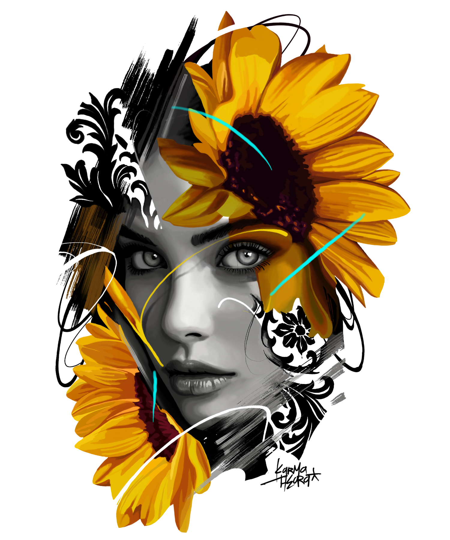 HELIOS, œuvre de Karmatheora avec un portrait féminin, des tournesols et des arabesques