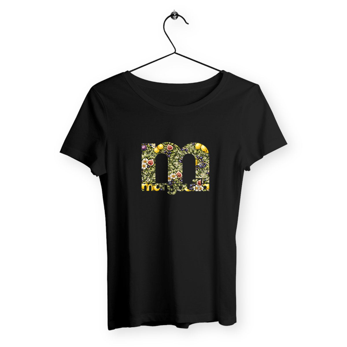 T-shirt Femme Léger 100% Coton Bio Jardin Méditerranéen - face_noir