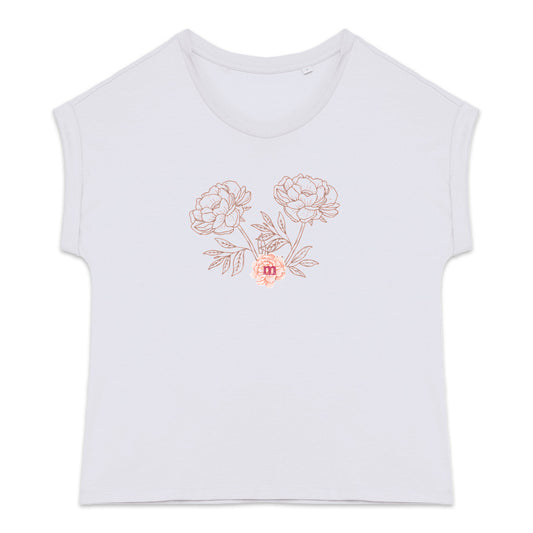 T-shirt femme bio manches à revers pivoines