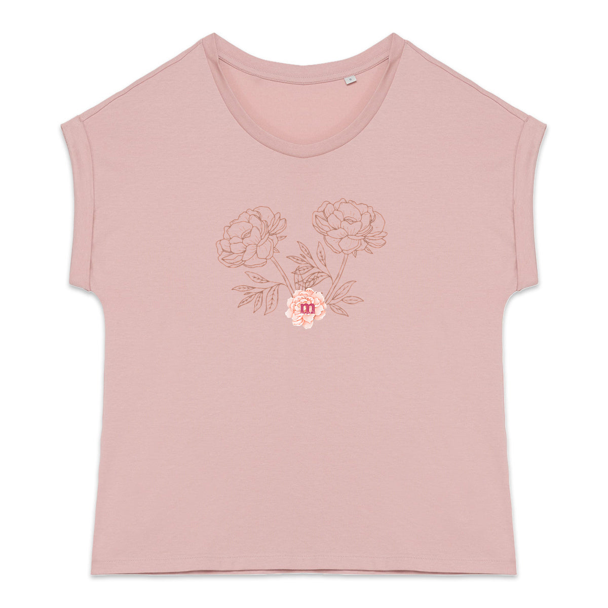T-shirt femme bio manches à revers pivoines