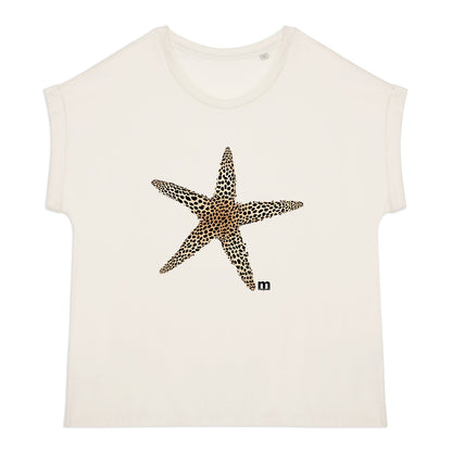 T-shirt femme bio manches à revers  étoile léopard