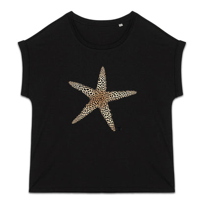 T-shirt femme bio manches à revers  étoile léopard