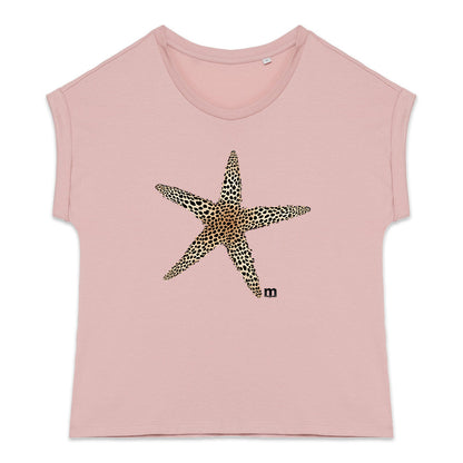 T-shirt femme bio manches à revers  étoile léopard